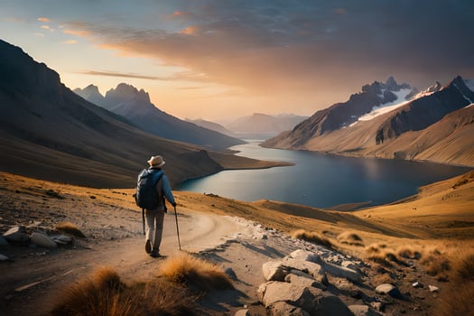 a man walks on a path in the mountains. AI-Generated photo