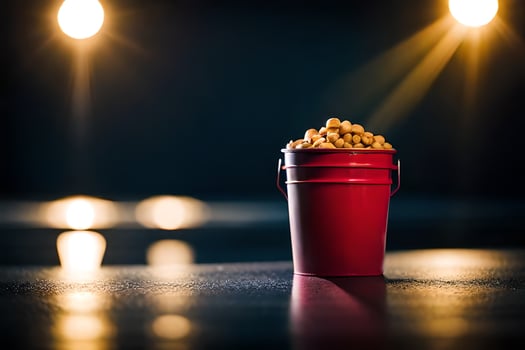 a bucket of popcorn on a table in front of a spotlight. AI-Generated photo