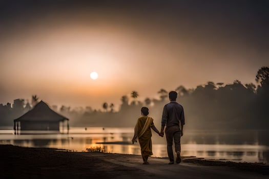 a man and woman walking along the road at sunset. AI-Generated photo
