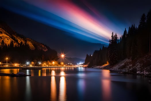 a rainbow light shines over a river at night. AI-Generated photo