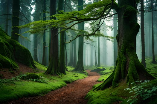 a path through a green forest with mossy trees. AI-Generated photo