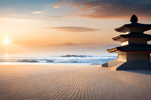 a pagoda sits on the sand at sunset. AI-Generated photo