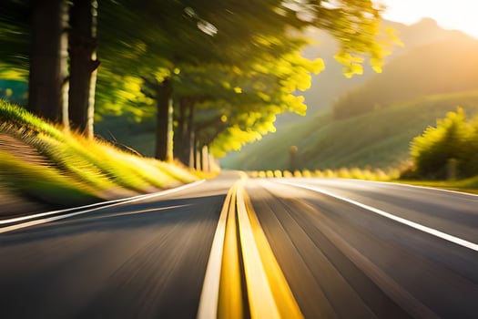 a blurry image of a road with trees and grass. AI-Generated photo