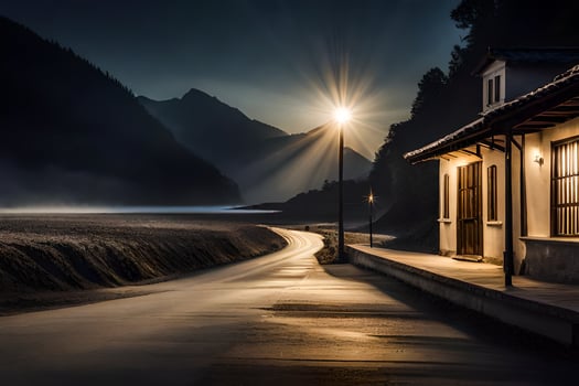 a long road leading to a house at night. AI-Generated photo