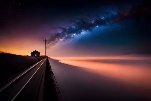 a train tracks and a house under the stars. AI-Generated photo