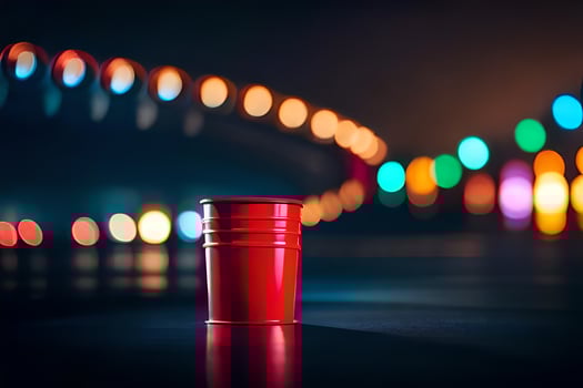 a red plastic cup sitting on the floor in front of a blurry background. AI-Generated photo