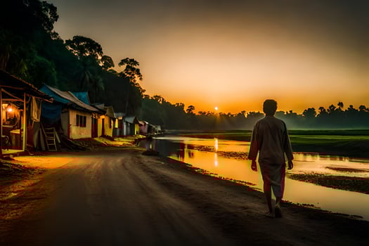 a man walking down a road at sunset with houses in the background. AI-Generated photo