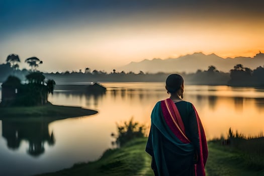 a woman in a colorful sari stands by a lake at sunset. AI-Generated photo