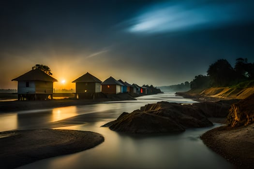 a river at sunset with houses on the shore. AI-Generated photo