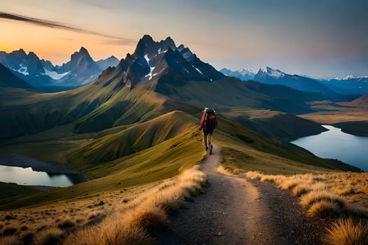 the man is walking on the path in the mountains. AI-Generated photo