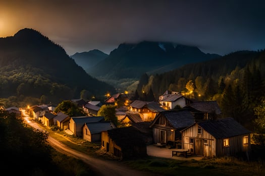 photo wallpaper the sky, mountains, night, the moon, the village, the moonlight,. AI-Generated
