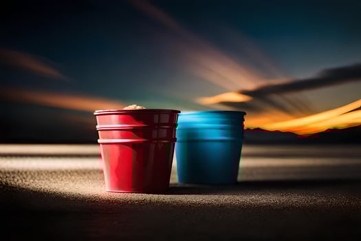 two red cups sitting on a table with a sunset in the background. AI-Generated photo