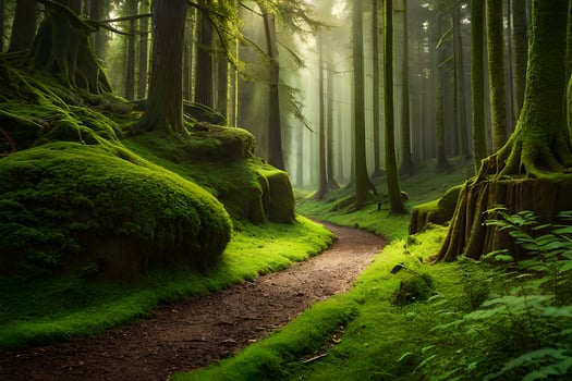a path through a green forest with mossy trees. AI-Generated photo