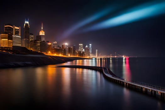 the chicago skyline at night with a light beam shining over the water. AI-Generated photo
