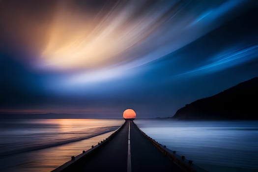 a long road leading to the ocean with a bright sun. AI-Generated photo