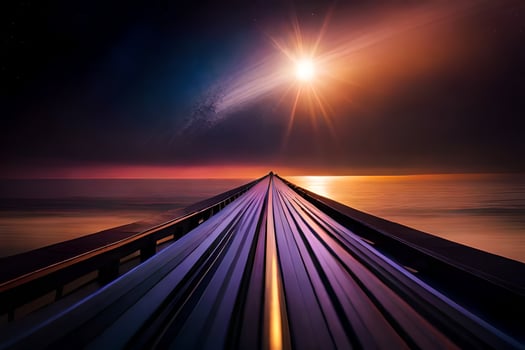 a long train track leading to the sun. AI-Generated photo