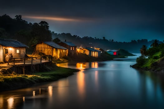 the night sky over a river and some houses. AI-Generated photo