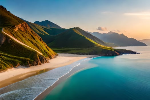 the beach and mountains at sunset. AI-Generated photo