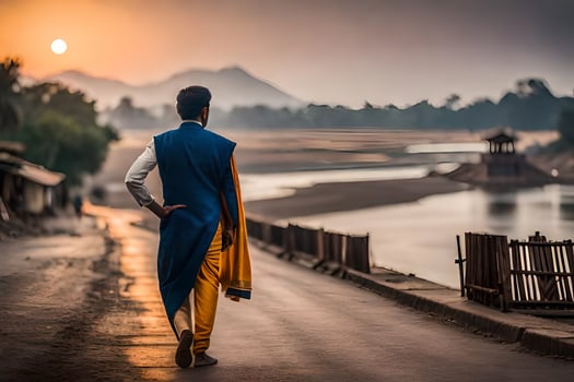 a man in traditional clothing walks along a road at sunset. AI-Generated photo