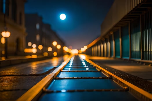 a train track at night with a full moon in the background. AI-Generated photo