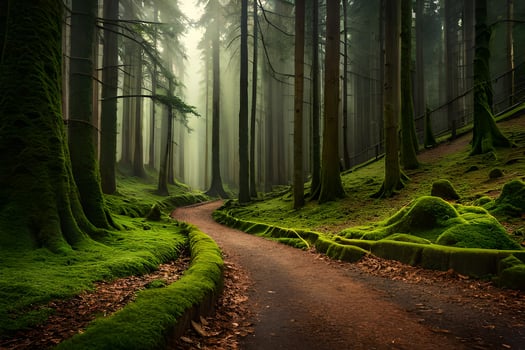 a path through a green forest with mossy trees. AI-Generated photo