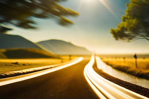 a long road with trees and the sun shining. AI-Generated photo