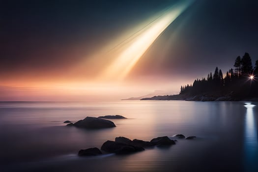 a long exposure photograph of a bright light shining over the water. AI-Generated photo