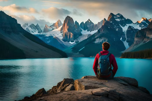 the man is sitting on the edge of a cliff overlooking a lake and mountains. AI-Generated photo