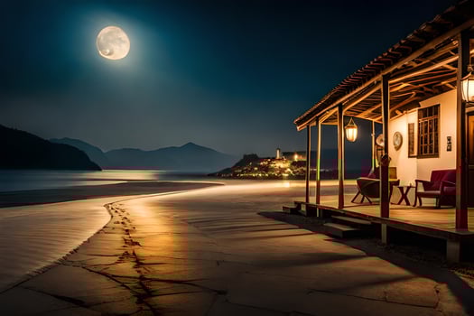 a house on the beach at night with a full moon. AI-Generated photo