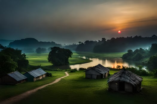 photo wallpaper the sky, grass, river, house, the sun, sunrise, the countryside,. AI-Generated