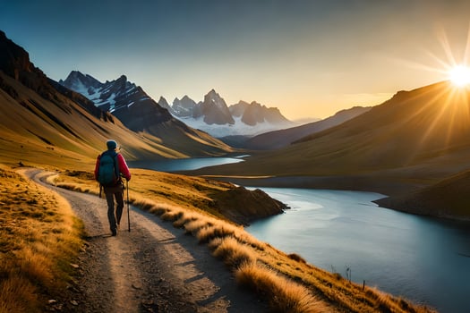 a man walks along a path in the mountains. AI-Generated photo