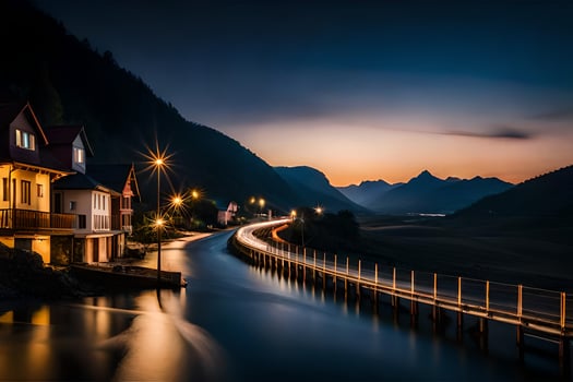a long exposure photo of a river and houses at night. AI-Generated