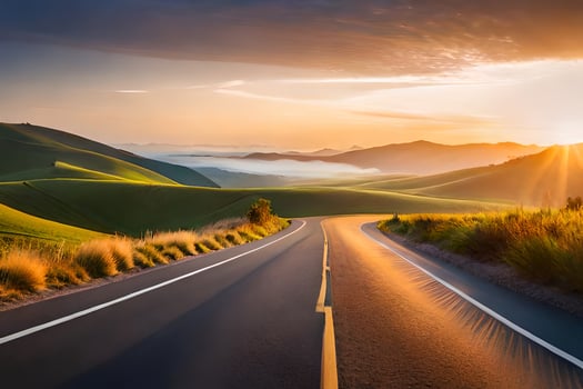 the sun is setting over a road in the mountains. AI-Generated photo