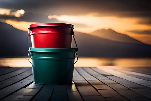 two red and green buckets sitting on a wooden deck. AI-Generated photo