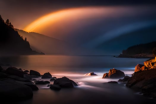 a rainbow over the ocean and rocks. AI-Generated photo