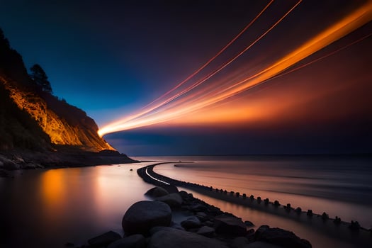 a long exposure photo of a light trail over the ocean. AI-Generated