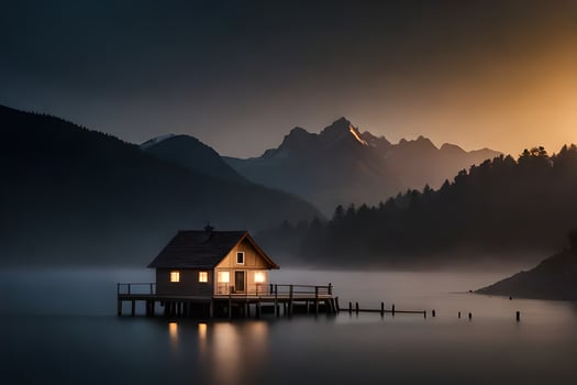 a small house sits on a dock in the middle of a lake at sunset. AI-Generated photo
