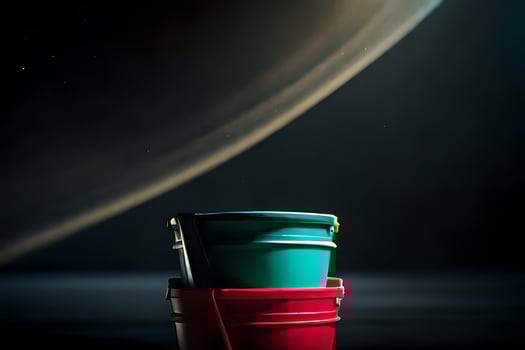 a red and green bucket sitting on a black surface. AI-Generated photo