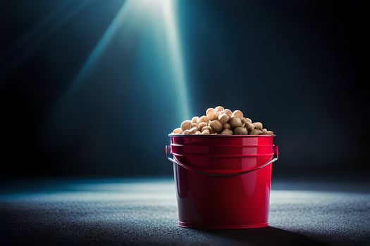 a red bucket filled with peanuts on a dark background. AI-Generated photo