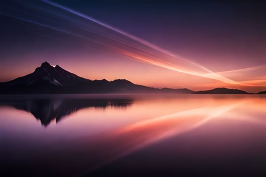 the sun rises over mountains and water. AI-Generated photo