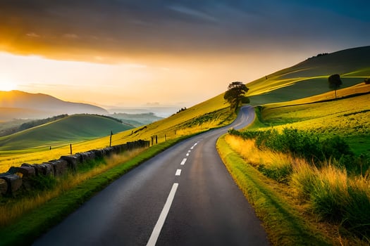 a road winding through the countryside at sunset. AI-Generated photo
