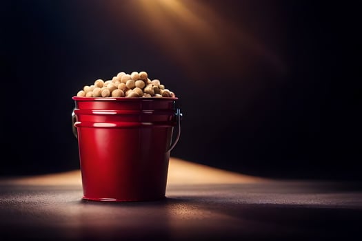 a red bucket filled with peanuts on a dark table. AI-Generated photo