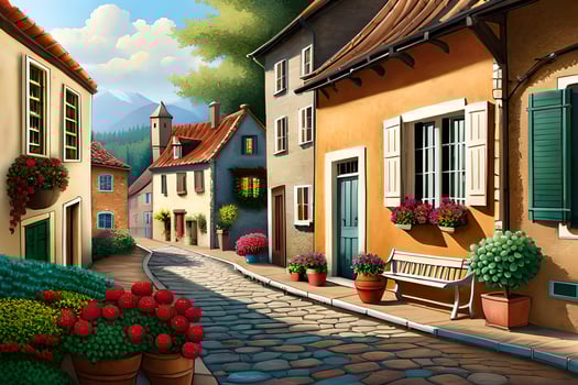 an illustration of a street with flowers and plants. AI-Generated photo