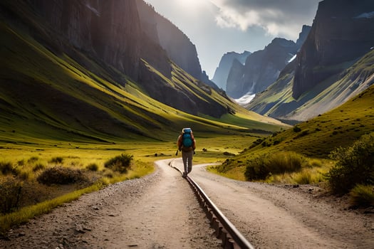 a man walking on a road in the mountains. AI-Generated photo