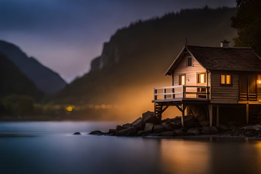 photo wallpaper the sky, mountains, fog, house, the house, the house on the lake. AI-Generated