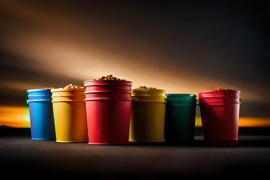a group of colorful cups with popcorn on top. AI-Generated photo
