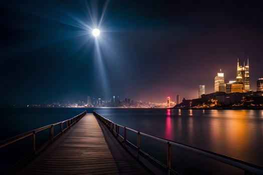 a pier with a city skyline in the background. AI-Generated photo