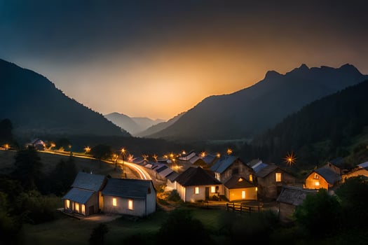 a village at dusk in the mountains. AI-Generated photo