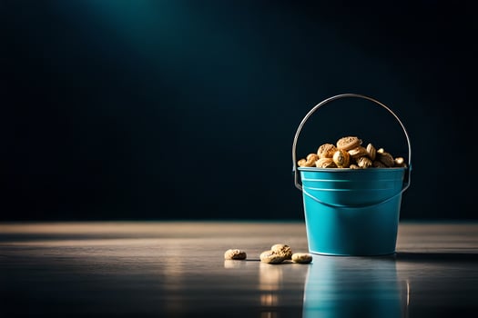 a blue bucket filled with peanuts on a table. AI-Generated photo