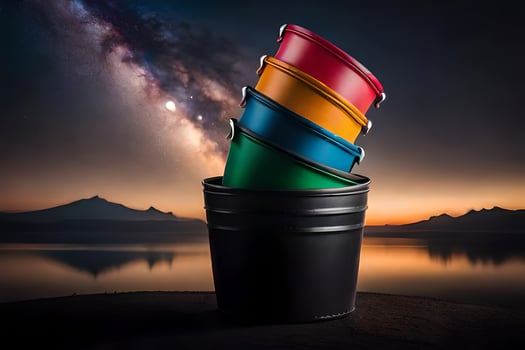 a bucket with colorful cups sitting on top of a lake. AI-Generated photo
